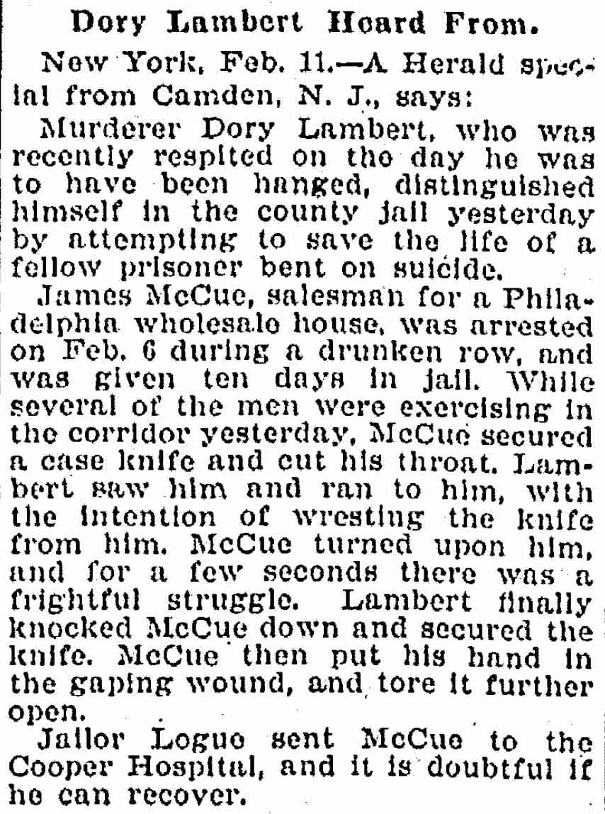 Jersey Journal, February 11, 1895 - Dory Lambert Heard From