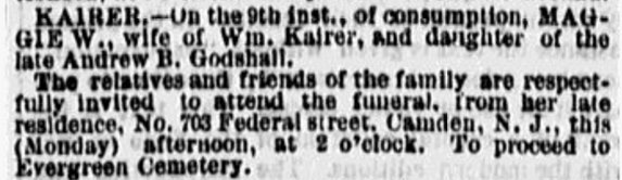 Death notice for Maggie W. Kairer, Philadelphia Inquirer, May 13, 1872