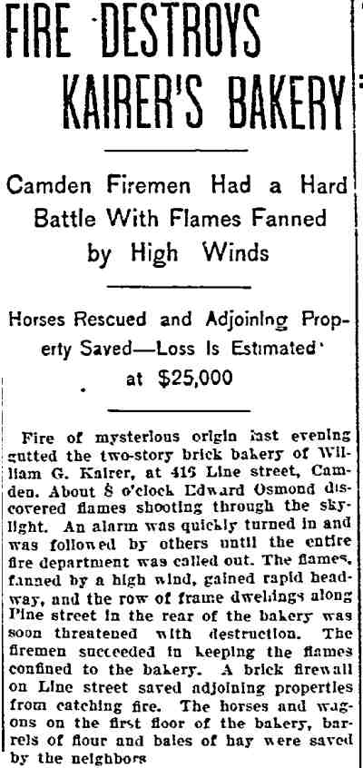 Philadelphia Inquirer, January 27, 1900 — Fire Destroys Kairer's Bakery, page 1