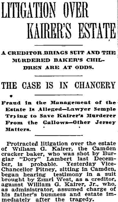 Philadelphia Inquirer, November 20, 1894 — Litigation Over Kairer's Estate, page 1