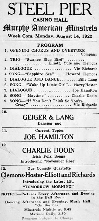 Steel Pier Casino Hall program, Murphy American Minstrels, August 14, 1922
