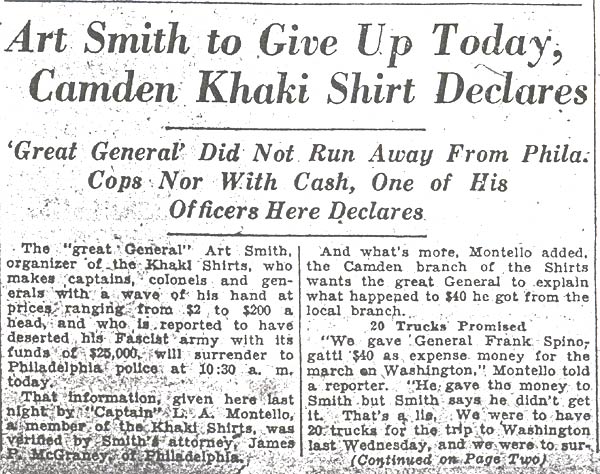 Camden Morning Post October 15, 1933, Art Smith to Give Up Today