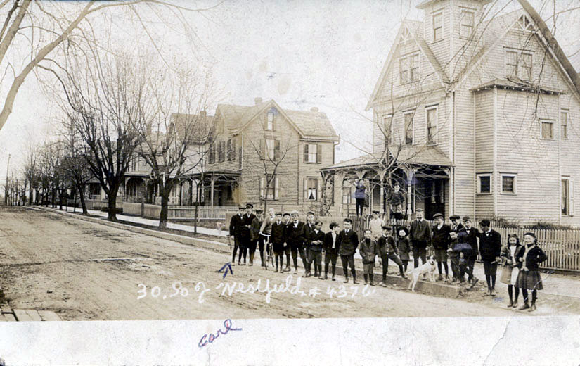 Postcard view of North 30th Street looking toward Westfield Avenue, circa 1904, Carl Kellman on far left