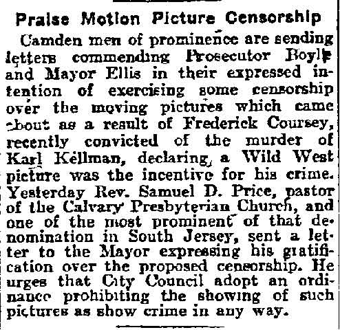 Philadelphia Inquirer, November 19, 1912 — Praise Motion Picture Censorship (article)