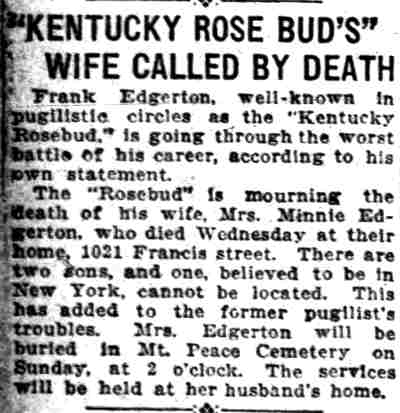 'Kentucky Rose Bud's' Wife Called by Death — Frank Edgerton, 1021 Francis Street — Camden Daily Courier, October 6, 1922