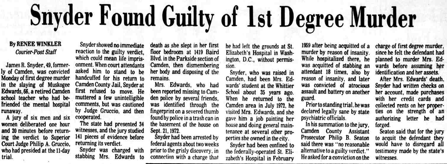 Courier-Post, April 22, 1975 — Snyder Found Guilty of 1st Degree Murder
