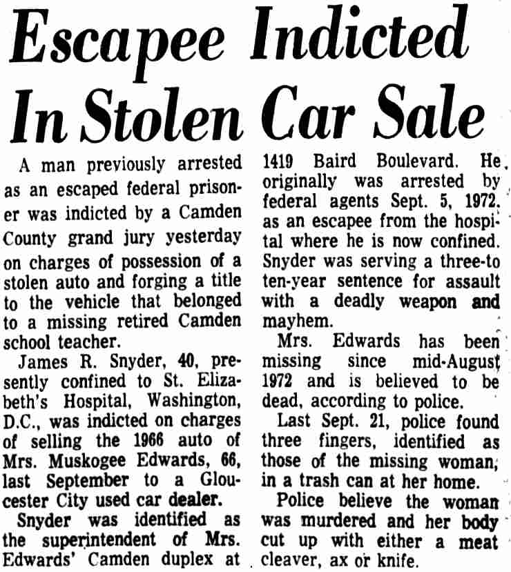 Courier-Post, May 14, 1973 — Escapee Indicted In Stolen Car Sale