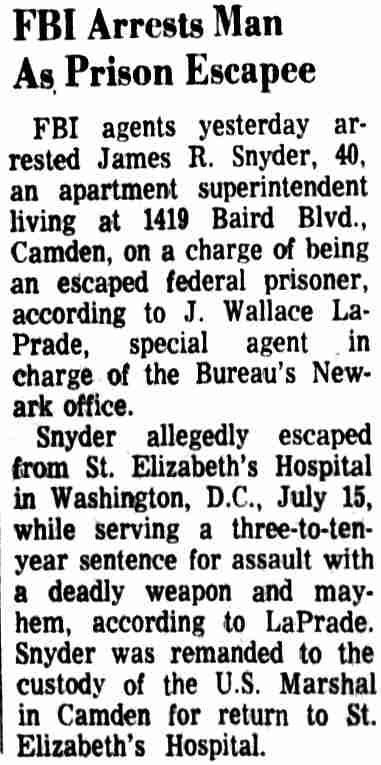 Courier-Post, September 6, 1972 — FBI Arrests Man As Prison Escapee