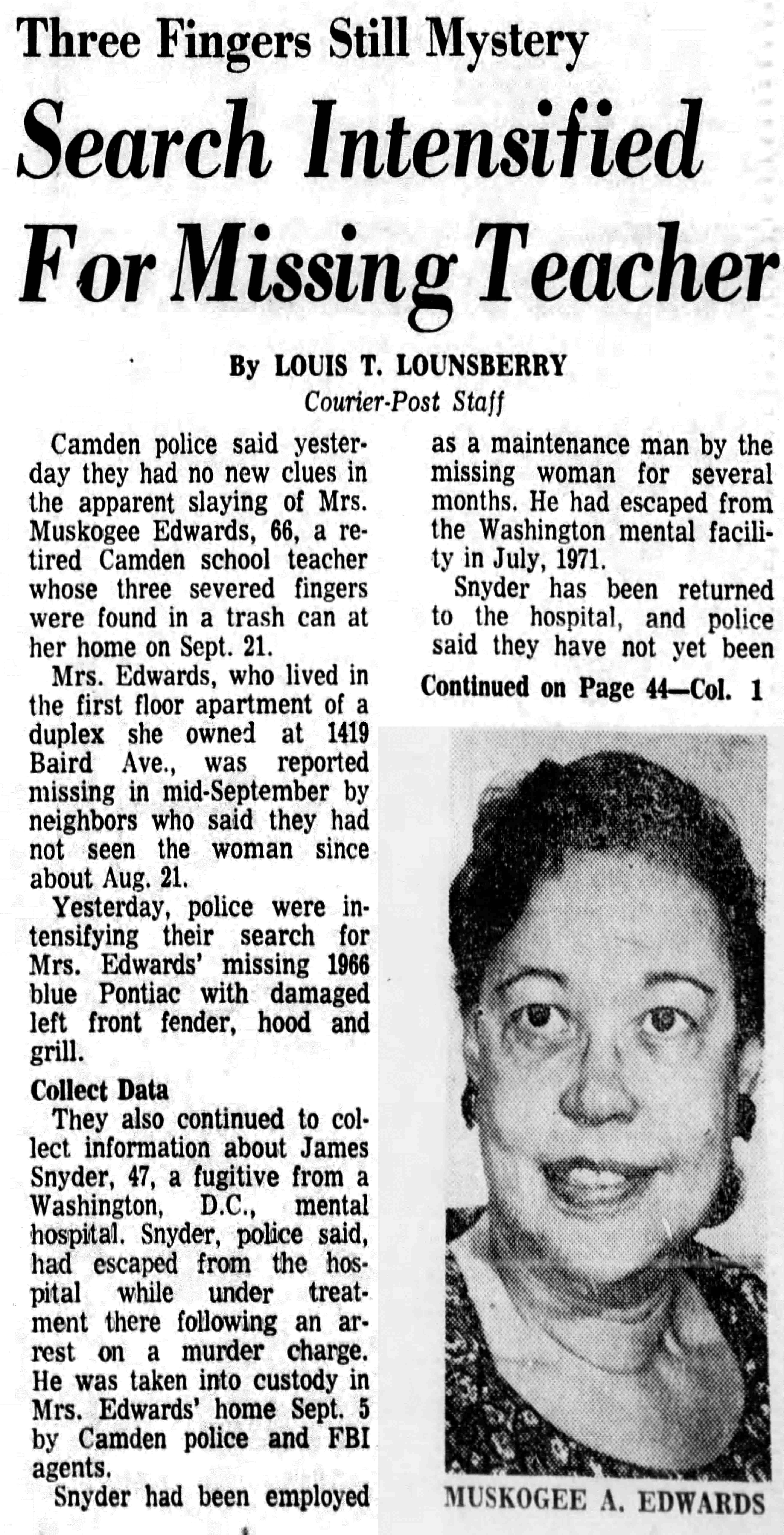 Courier-Post, October 4, 1972 — Search Intensified For Missing Teacher