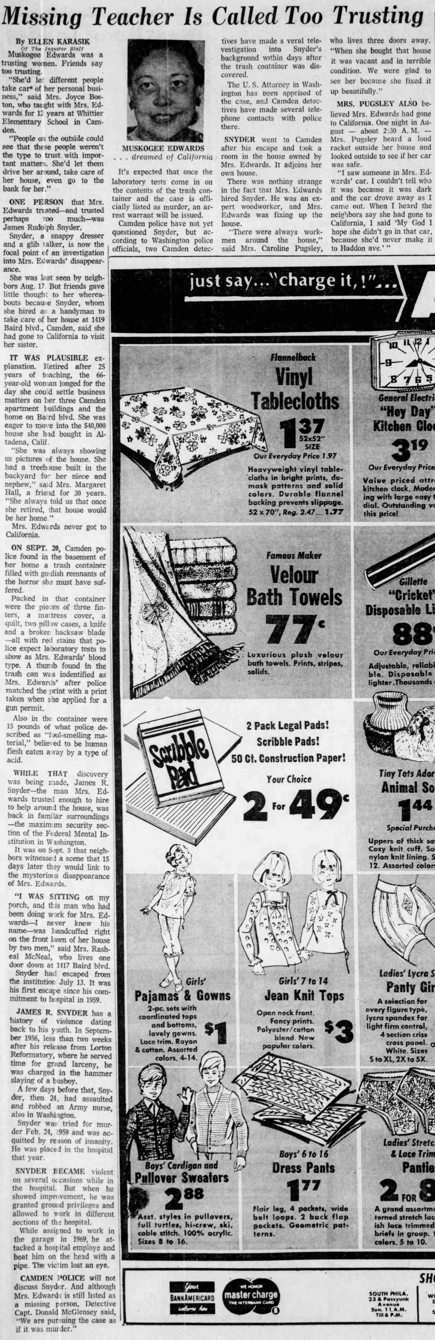 Philadelphia Inquirer, October 8, 1972 — Missing Teacher Is Called Too Trusting
