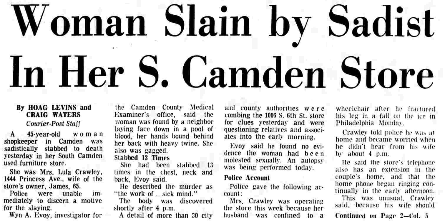 Camden Courier-Post, February 15, 1969 — Woman Slain by Sadist In Her S. Camden Store