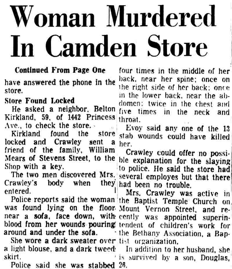 Camden Courier-Post, February 15, 1969 — Woman Murdered In Camden Store (continued)
