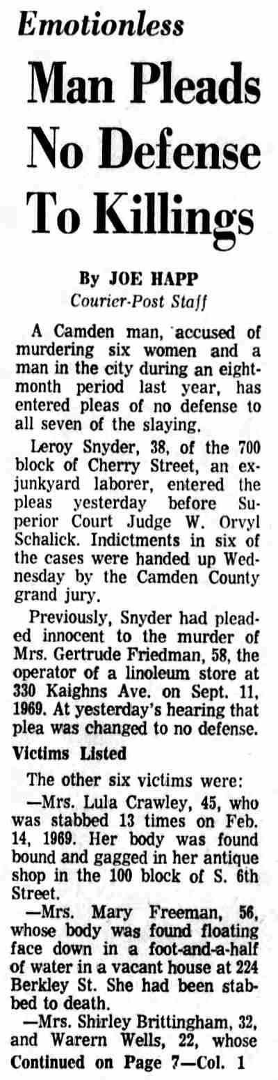 Camden Courier-Post, July 10, 1970 — Emotionless Man Pleads No Defense To Killings
