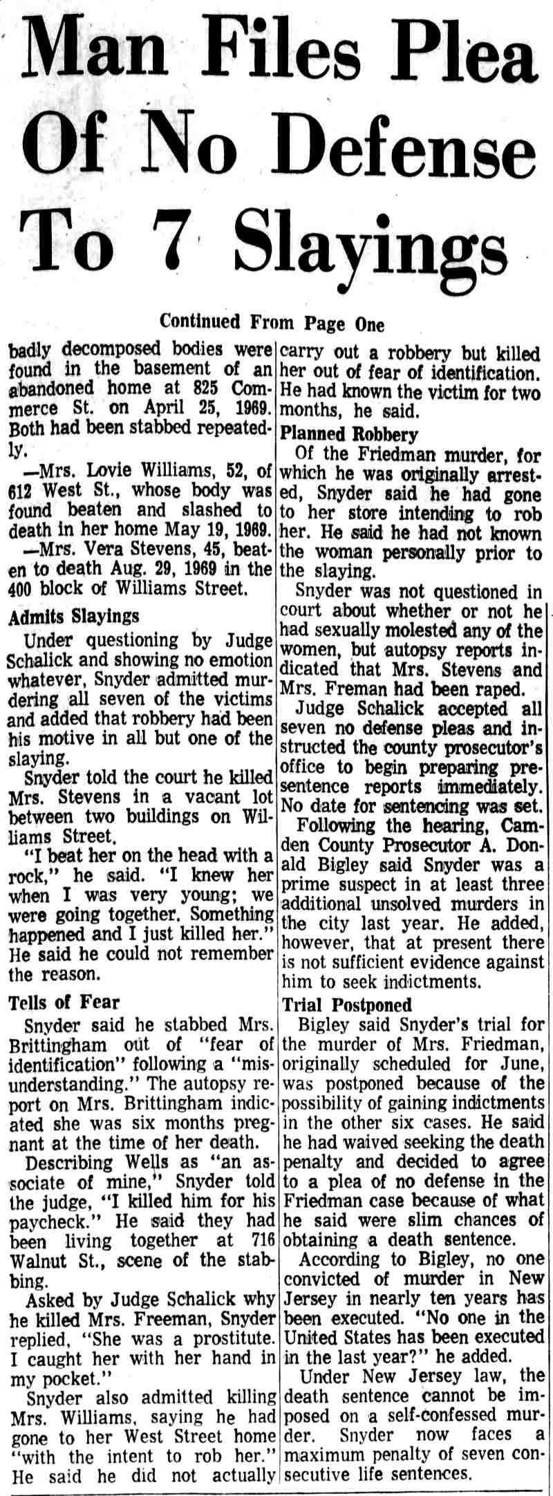 Camden Courier-Post, July 10, 1970 — Man Files Plea Of No Defense To 7 Slayings (continued)