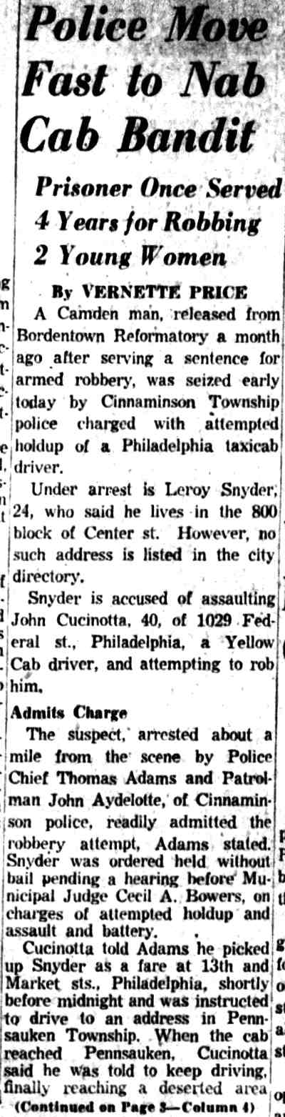 Camden Courier-Post, July 26, 1955 — Police Move Fast to Nab Cab Bandit