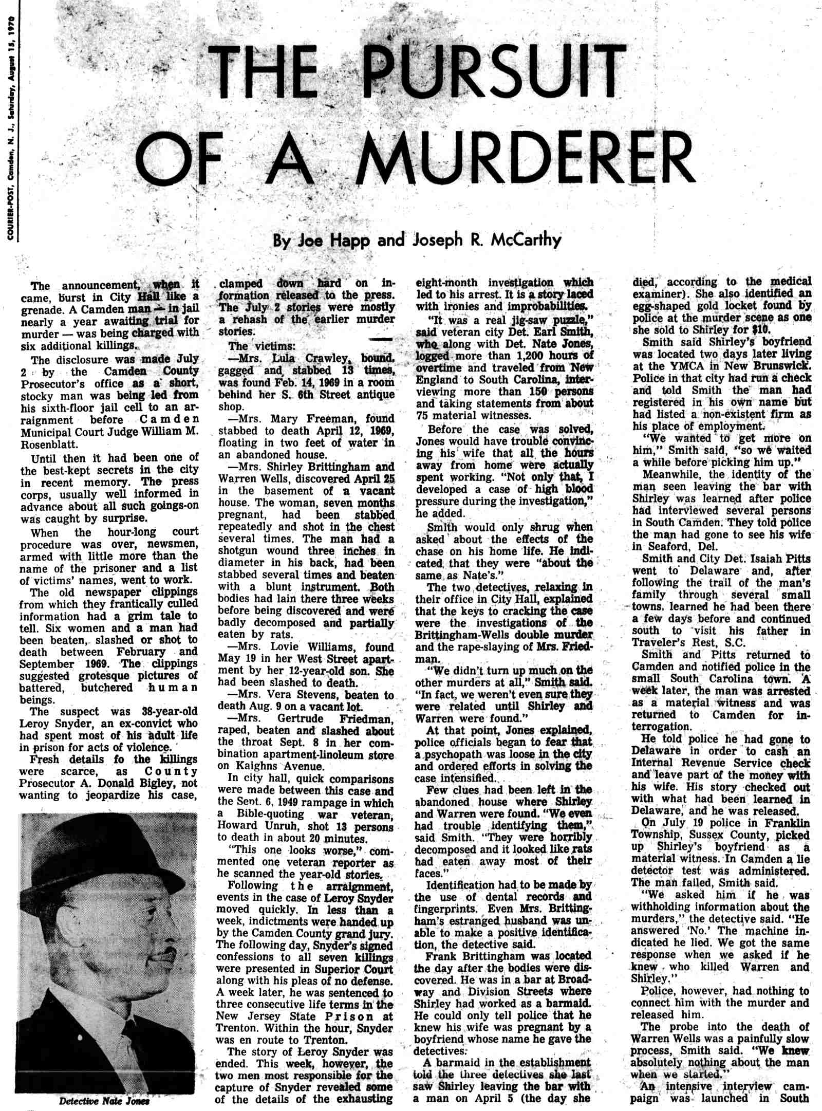 Camden Courier-Post, August 15, 1970 — The Pursuit of a Murderer, page 1