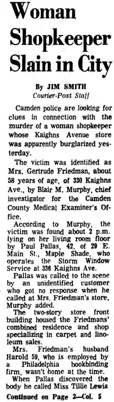 Camden Courier-Post, September 9, 1969 — Woman Shopkeeper Slain in City