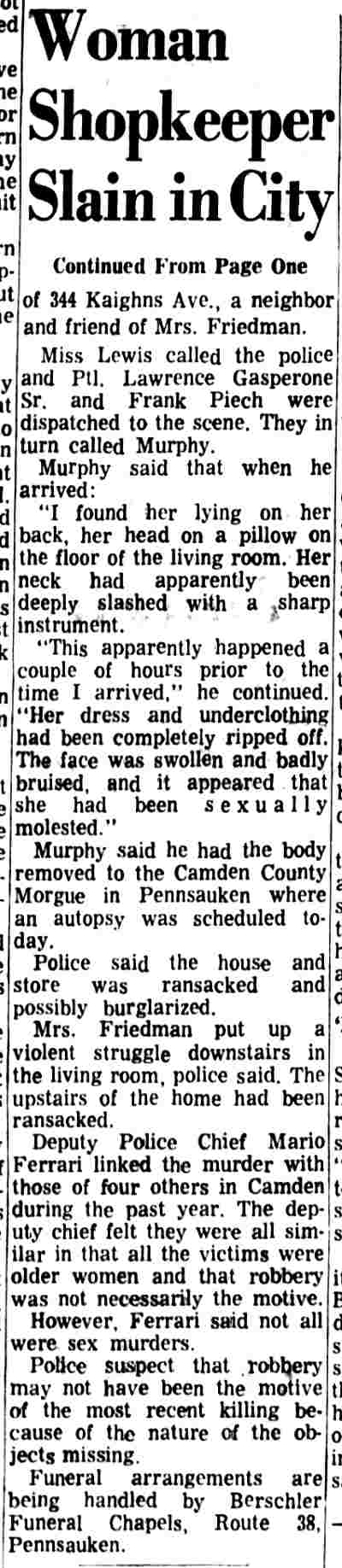 Camden Courier-Post, September 9, 1969 — Woman Shopkeeper Slain in City (continued)