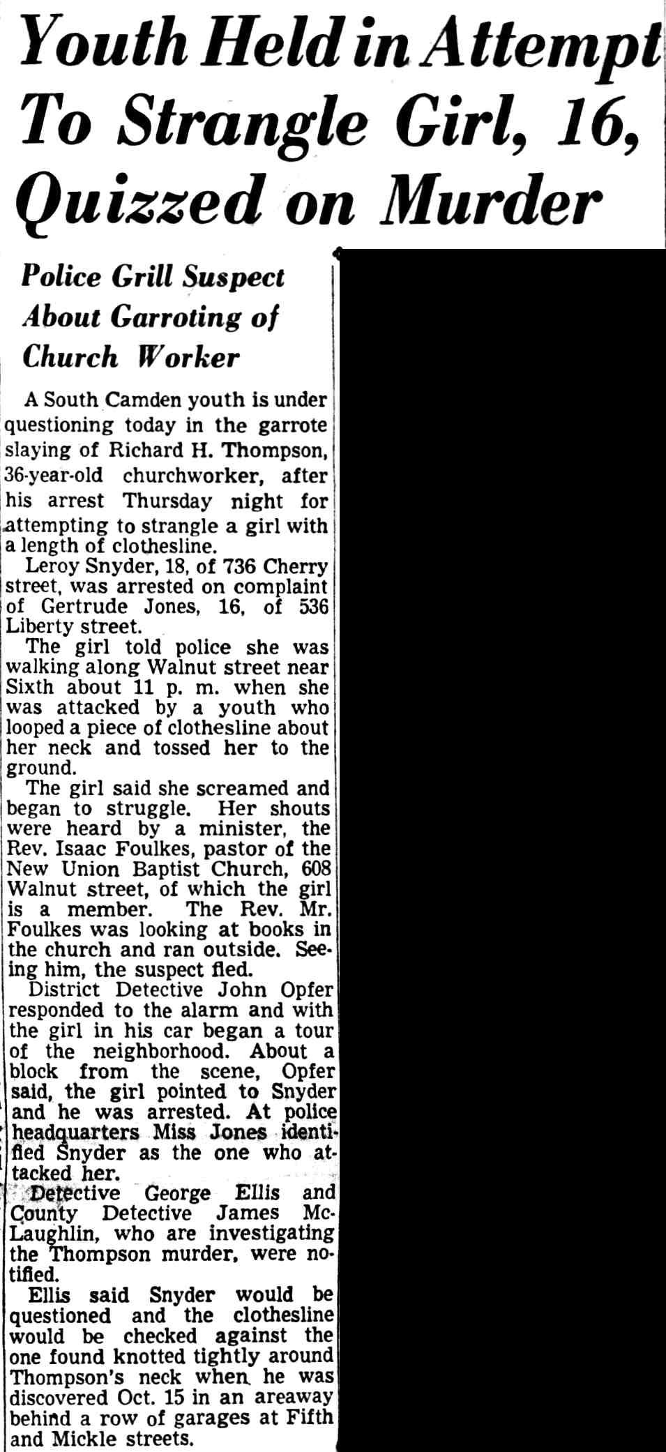Youth Held in Attempt To Strangle Girl, 16, Quizzed on Murder, Camden Courier-Post, December 16, 1949