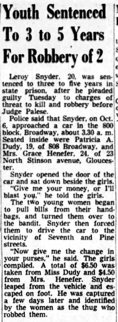 Camden Courier-Post, December 19, 1951 — Youth Sentenced To 3 to 5 Years For Robbery of 2