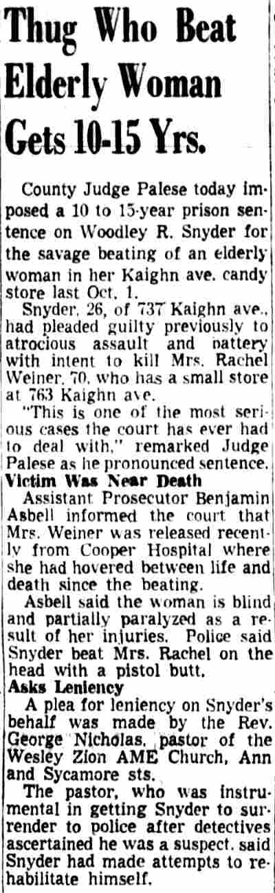 Camden Courier-Post, February 25, 1953 — Thug Who Beat Elderly Woman Gets 10-15 Yrs.