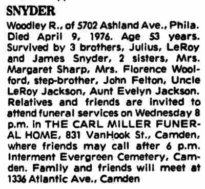 Camden Courier-Post, April 12, 1976 — Obituary for Woodley R. Snyder