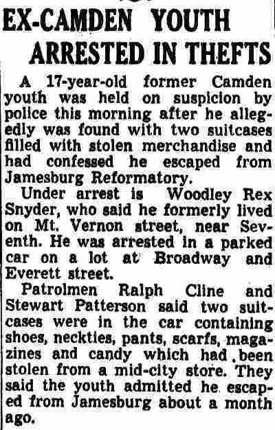 Newspaper clipping: Ex-Camden Youth Arrested in Thefts — Camden Courier-Post October 23, 1942