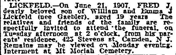 Philadelphia Inquirer death notice for Fred J. Lickfeld, June 23, 1907, alternate scan