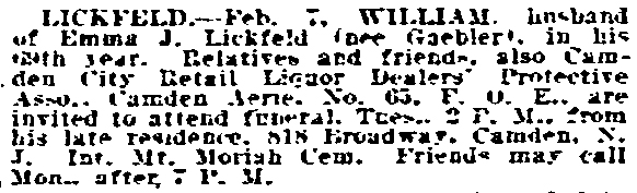Philadelphia Inquirer death notice for William H. Lickfeld, February 8, 1919