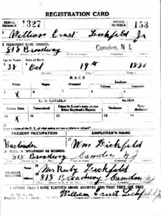 William E. Lickfeld World War I Draft Card, front