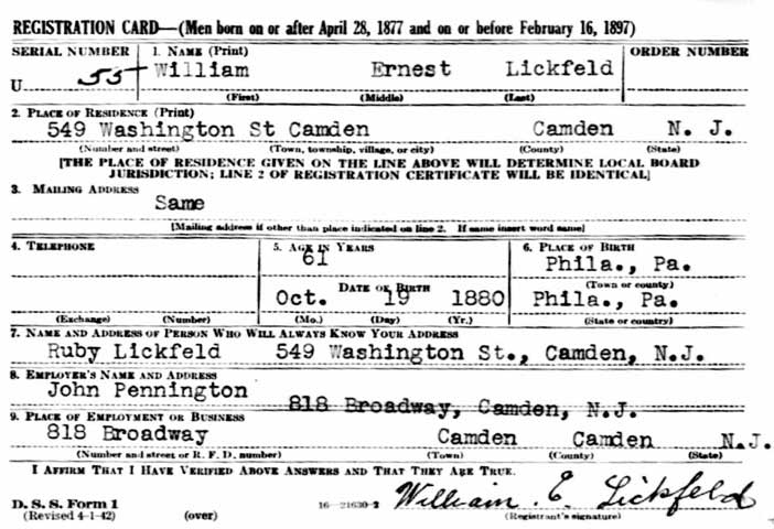 William E. Lickfeld World War II Draft Card