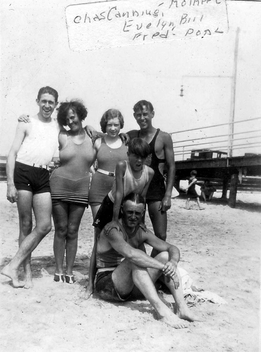 Standing left to right: Charles Canning, Ruby R. Lickfeld, Evelyn Hill Lickfeld, Fred E. Lickfeld, William A. Lickfeld; Sitting: William E. Lickfeld Jr. (black and white)
