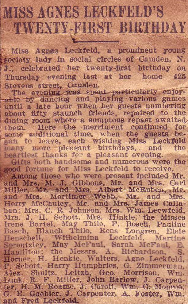 Newspaper article: Miss Agnes Leckfeld's Twenty-First Birthday, August 1906