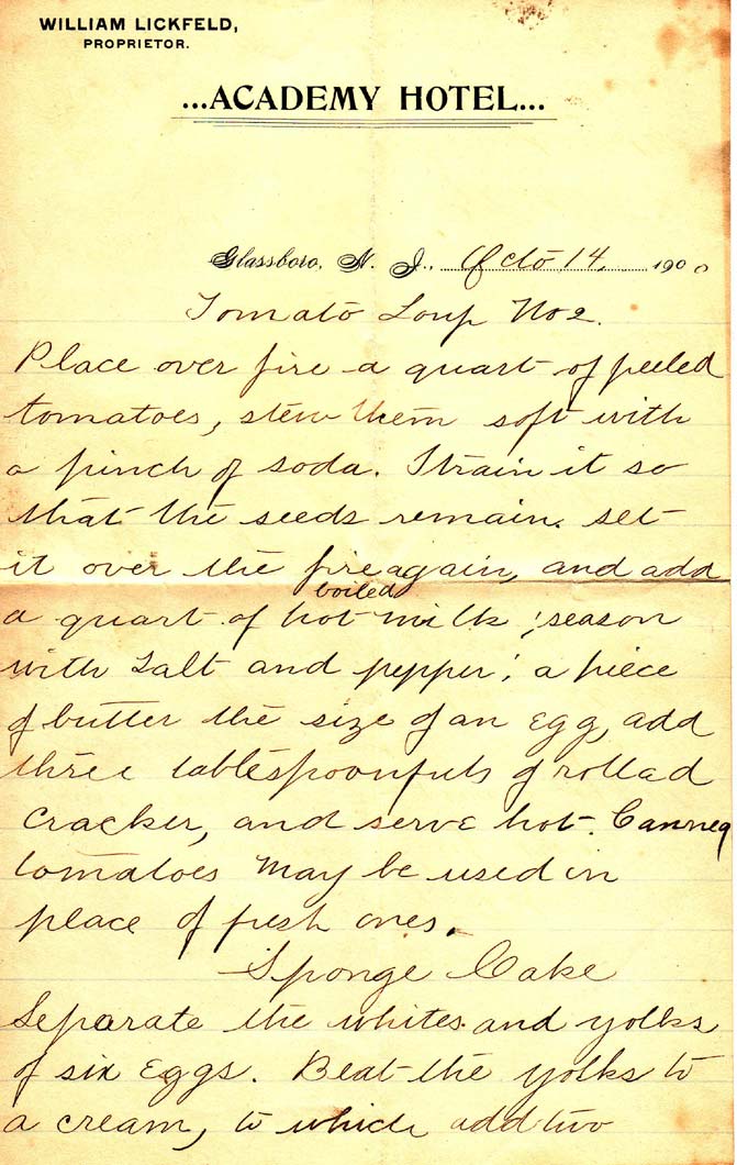 Emma Gaebler Lickfeld's tomato soup recipe, page 1