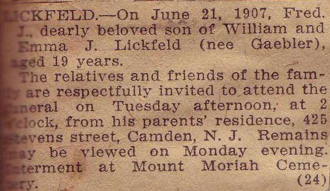 Philadelphia Inquirer death notice for Fred J. Lickfeld, June 23, 1907