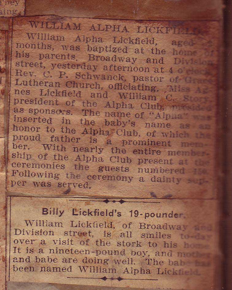 William A. Lickfeld birth and baptism records, December 1909 and 1910