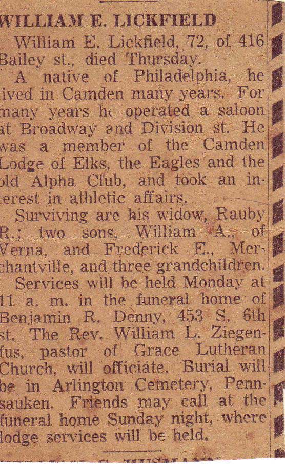 William E. Lickfield obituary, Camden Courier-Post, 1951 or 1952
