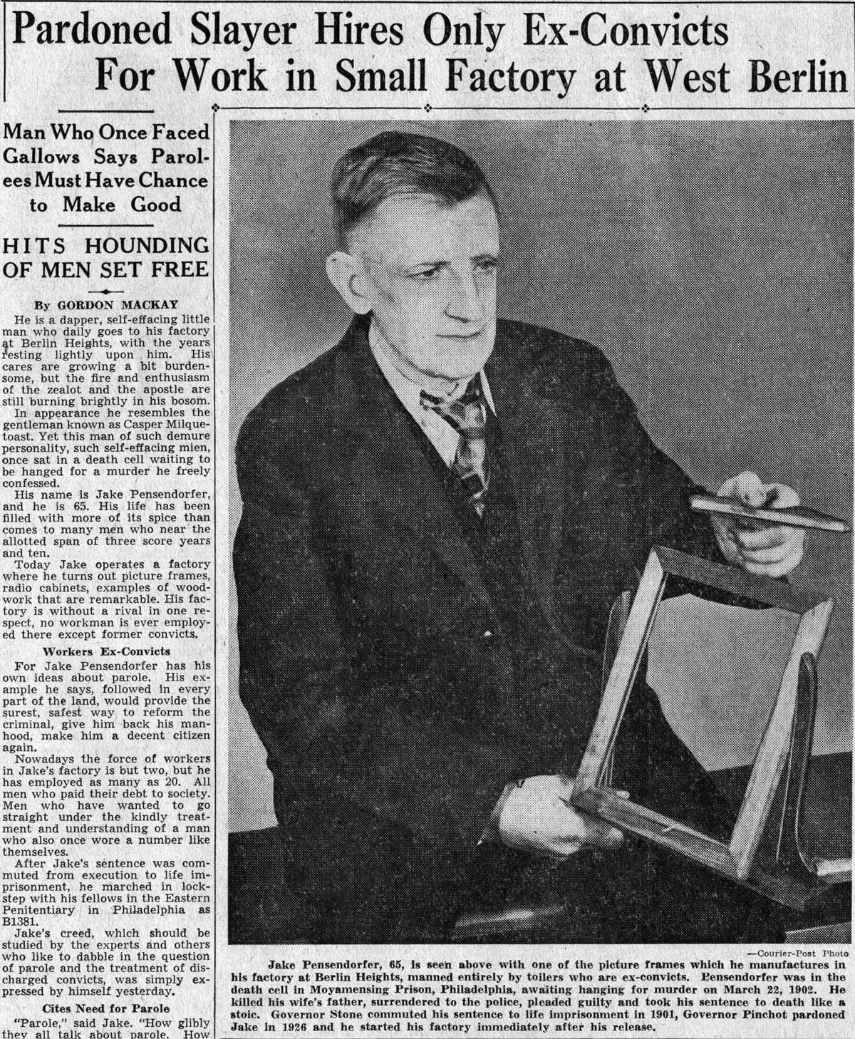 Pardoned Slayer Hires Only Ex-Convicts For Work in Small Factory at West Berlin - Camden Courier-Post, February 22, 1938