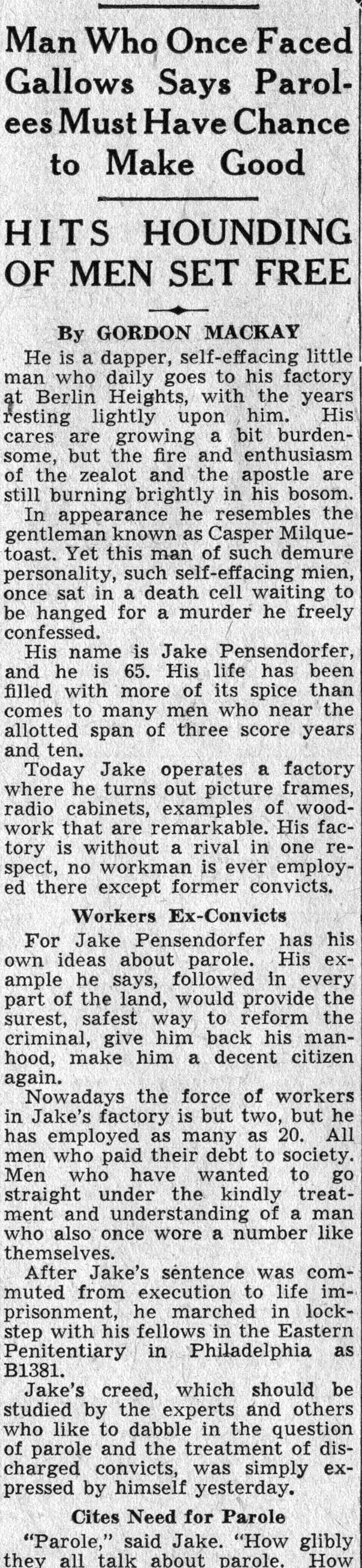 Pardoned Slayer Hires Only Ex-Convicts For Work in Small Factory at West Berlin - Camden Courier-Post, February 22, 1938