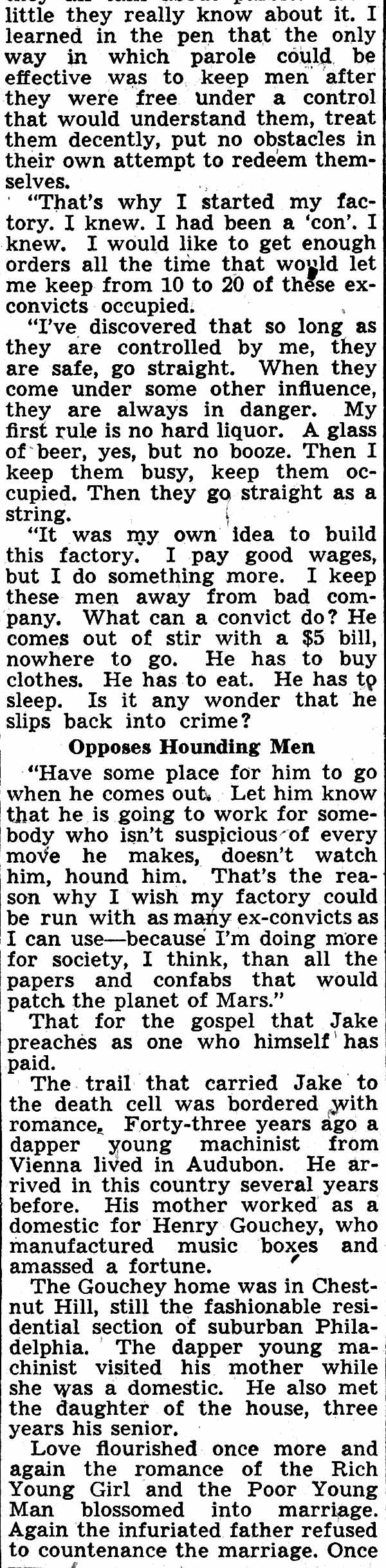 Pardoned Slayer Hires Only Ex-Convicts For Work in Small Factory at West Berlin - Camden Courier-Post, February 22, 1938