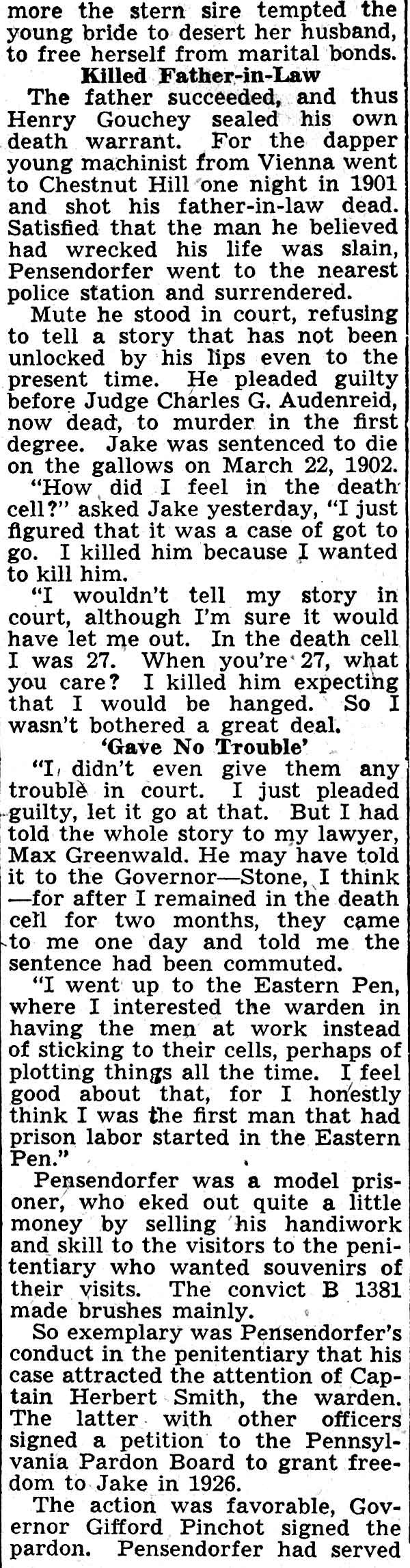 Pardoned Slayer Hires Only Ex-Convicts For Work in Small Factory at West Berlin - Camden Courier-Post, February 22, 1938