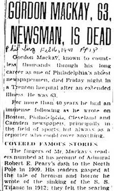 Philadelphia Inquirer obituary, February 16, 1941, page 1