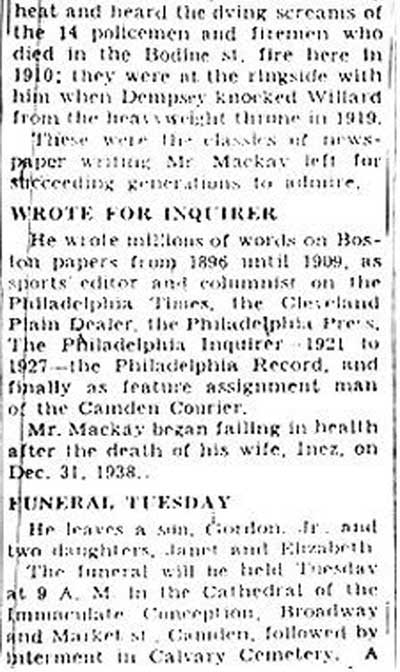 Philadelphia Inquirer obituary, February 16, 1941, page 2