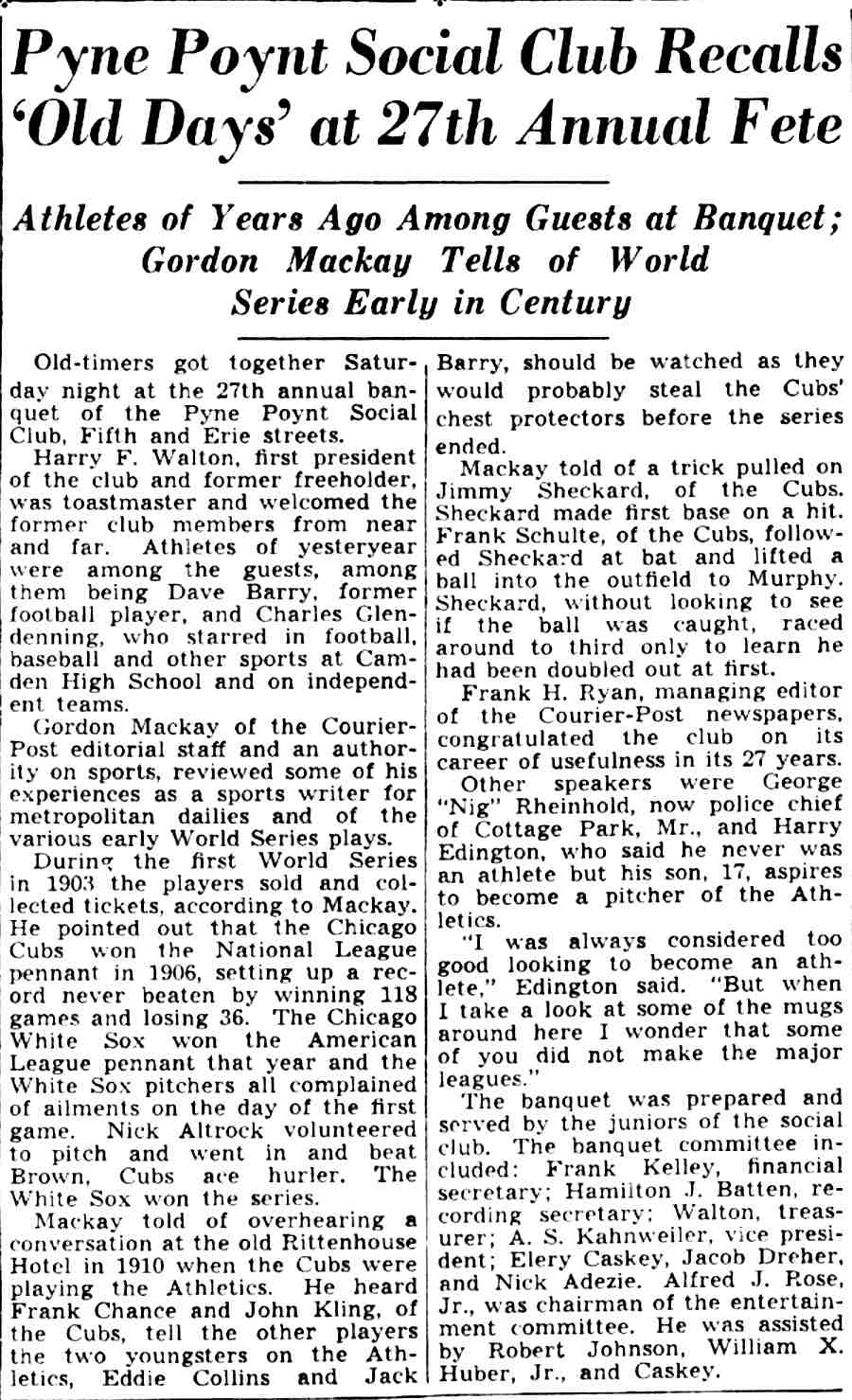 Pyne Poynt Social Club banquet report, February 28, 1938