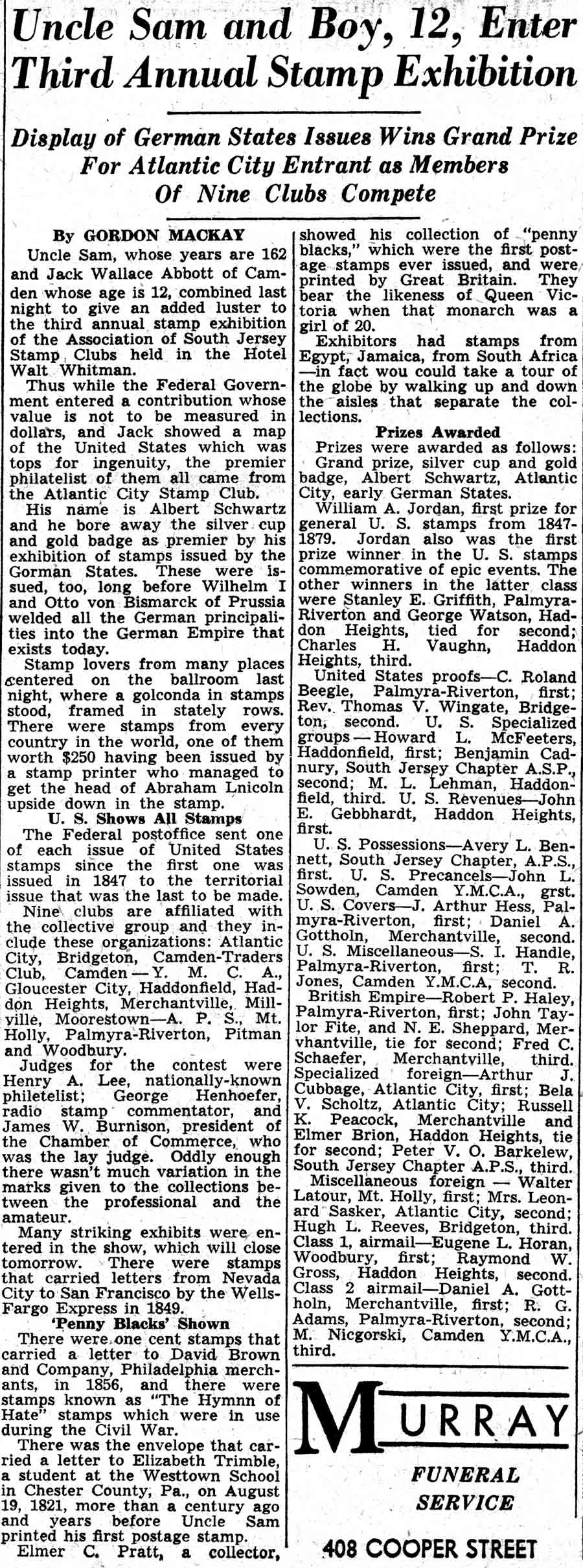 Uncle Sam and Boy, 12, Enter Third Annual Stamp Exhibition, Camden Courier-Post, February 19, 1938