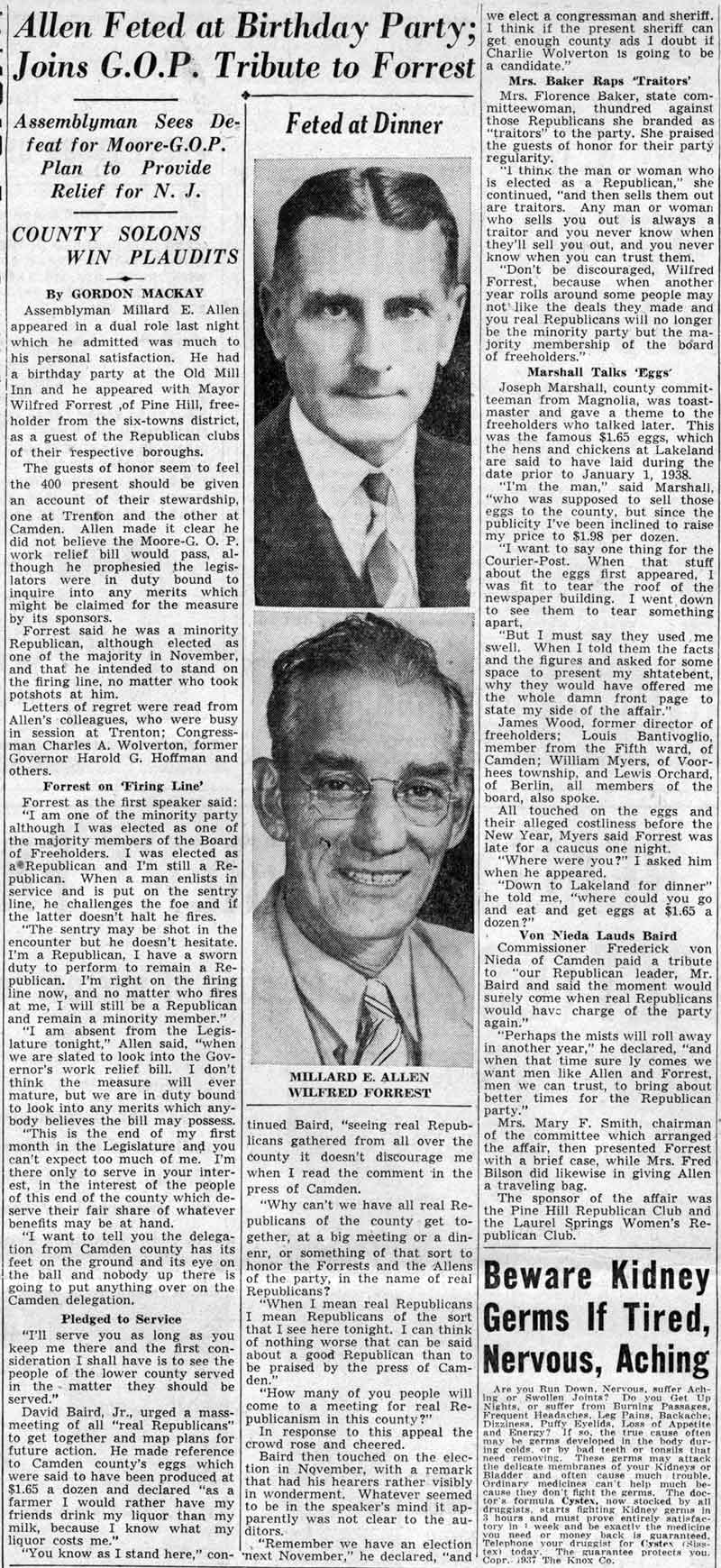 Camden Courier-Post, February 24, 1938, Allen Feted at Birthday Party Republican gathering