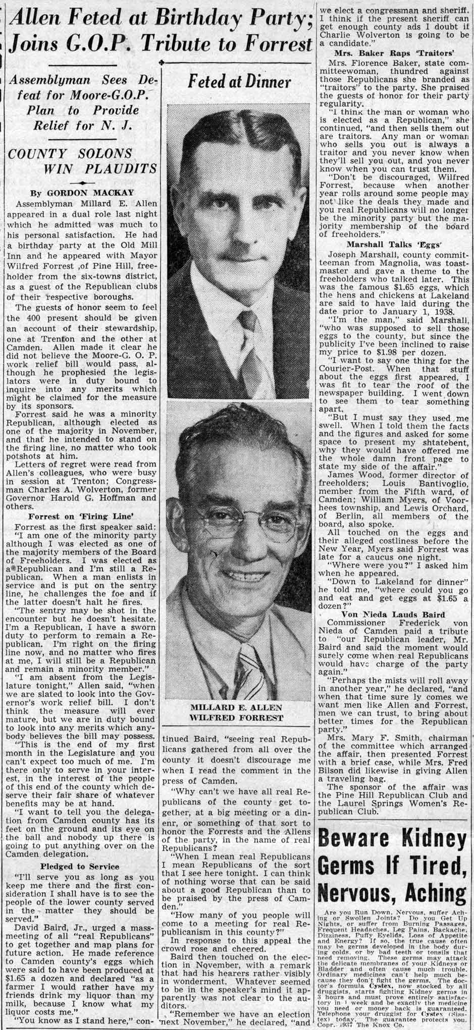 Allen Feted at Birthday Party; Joins G.O.P. Tribute to Forrest - Camden Courier-Post, February 24, 1938