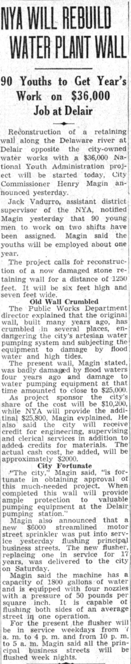 NYA Will Rebuild Water Plant Wall — Camden Courier-Post, July 22, 1941