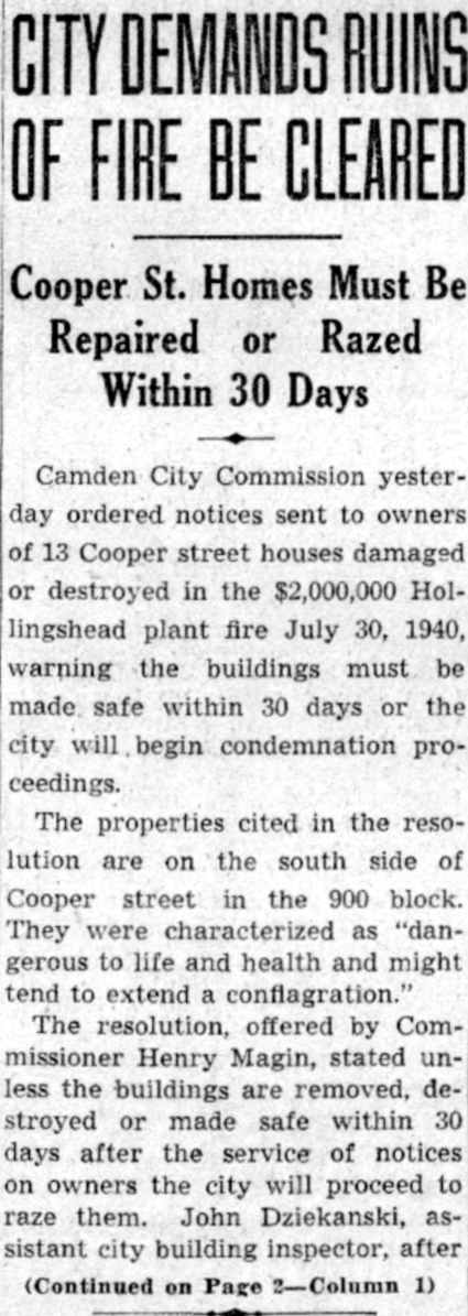 City Demands Ruins of Fire Be Cleared — Camden Courier-Post, July 25, 1941, column 1