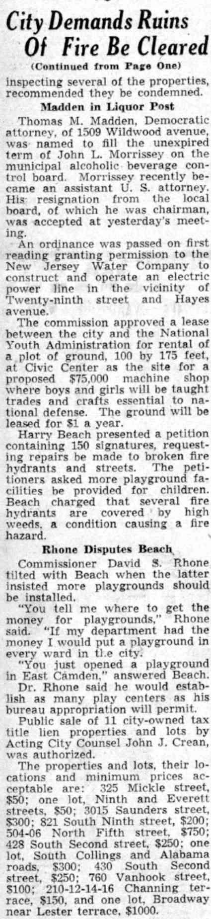 City Demands Ruins of Fire Be Cleared — Camden Courier-Post, July 25, 1941, column 2